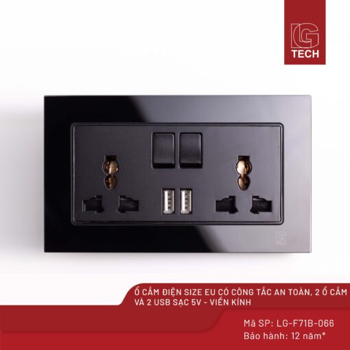 Ổ cắm điện size EU có công tắc an toàn, 2 ổ cắm và 2 USB sạc 5V, viền kính màu đen LG Tech mã LG-F71B-066 1