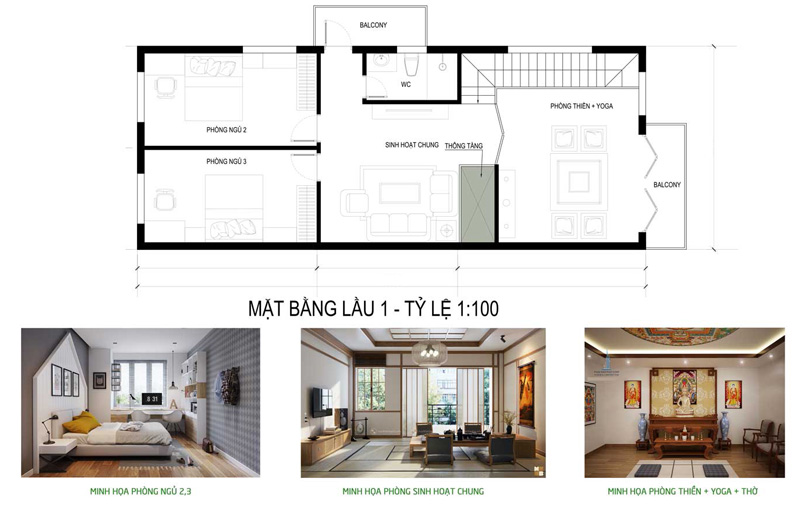 Bản vẽ mặt bằng lầu 1 tại nhà phố 2 tầng 70m2