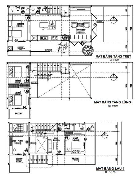Bản vẽ nhà 1 trệt 1 lửng 1 lầu 5 phòng ngủ