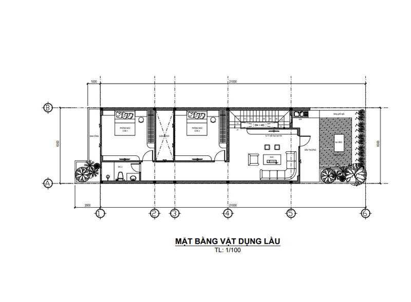 Bản vẽ thiết kế mẫu nhà phố 2 tầng mặt tiền 6m