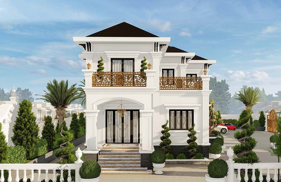 Thiết kế biệt thự 2 tầng tân cổ điển kiểu Pháp có hồ bơi