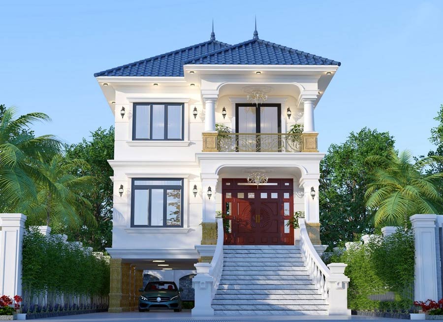 Thiết kế biệt thự 2 tầng tân cổ điển kiểu Pháp có tầng hầm