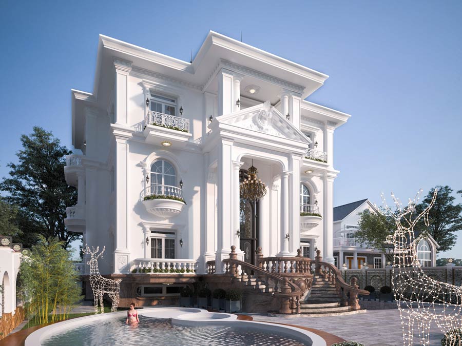 Thiết kế biệt thự tân cổ điển 3 tầng kiểu Pháp có hồ bơi