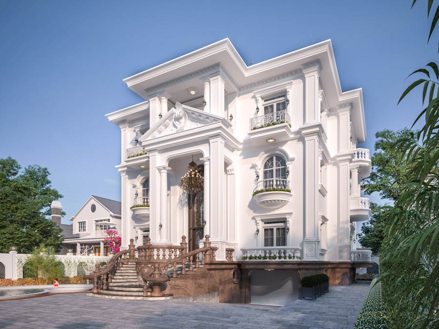 Thiết kế biệt thự tân cổ điển 3 tầng kiểu Pháp có hồ bơi