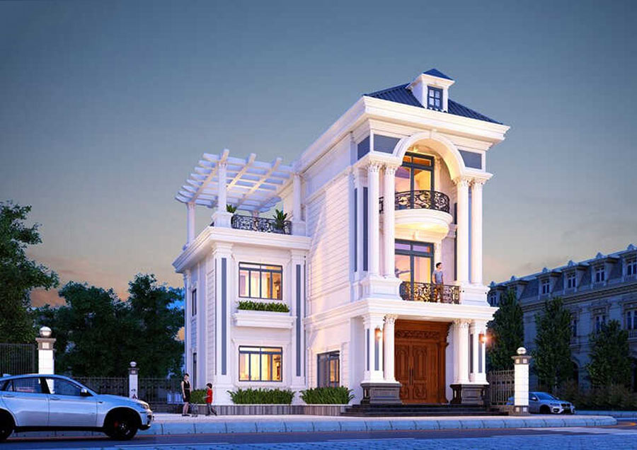 Thiết kế biệt thự tân cổ điển chữ L 3 tầng kiểu Pháp