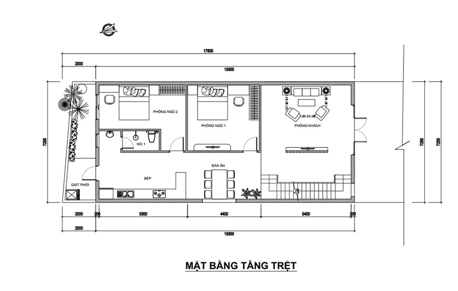 Mặt bằng tầng trệt nhà 1 trệt 1 lầu mái Thái