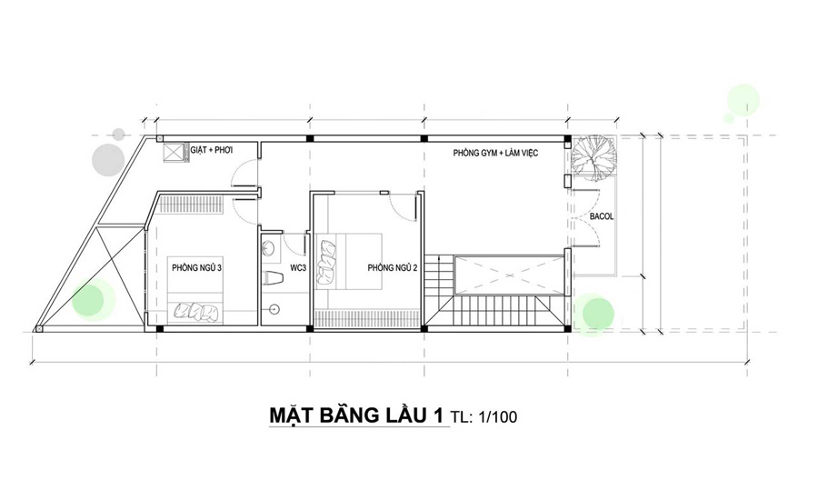Mặt bằng lầu 1 mẫu nhà 1 trệt 1 lầu 5x20
