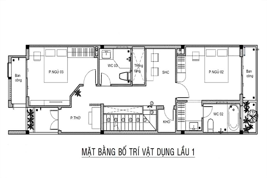 Mặt bằng lầu 1 thiết kế nhà 1 trệt 1 lầu 4x12