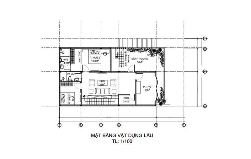 Mặt bằng lầu 1 nhà phố 2 tầng 8x10m mái bằng