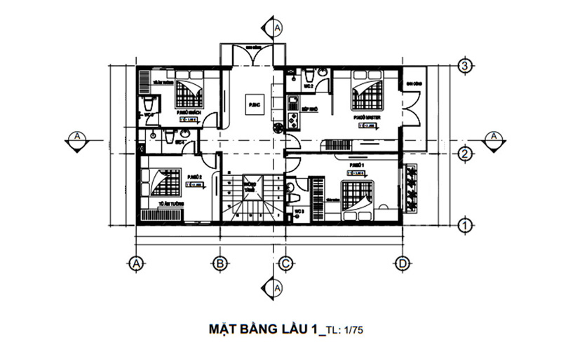 Mặt bằng lầu 1 nhà phố 2 tầng 8x10m mái thái