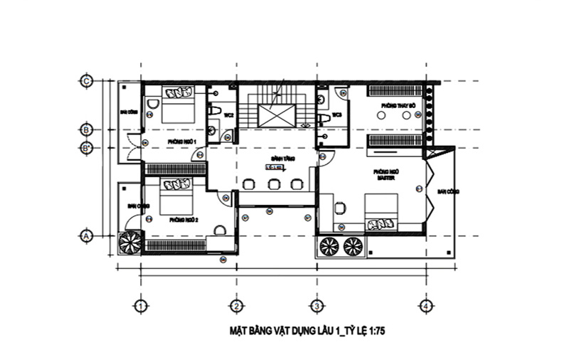 Mặt bằng công năng lầu 1 nhà phố 2 tầng 9x20m
