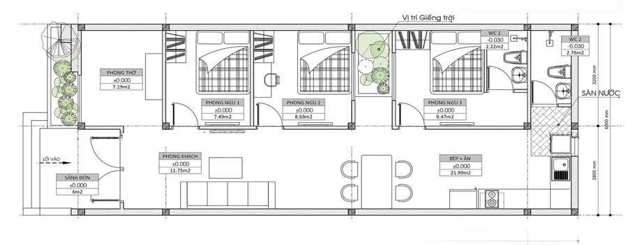mat-bang-nha-mai-bang-1-tang-3-phong-ngu Mặt bằng công năng nhà 1 tầng 3 phòng ngủ mái bằng