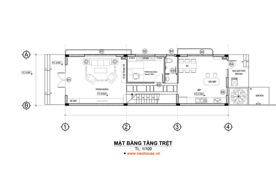 Mặt bằng tầng trệt mẫu nhà 1 trệt 1 lầu 5x15