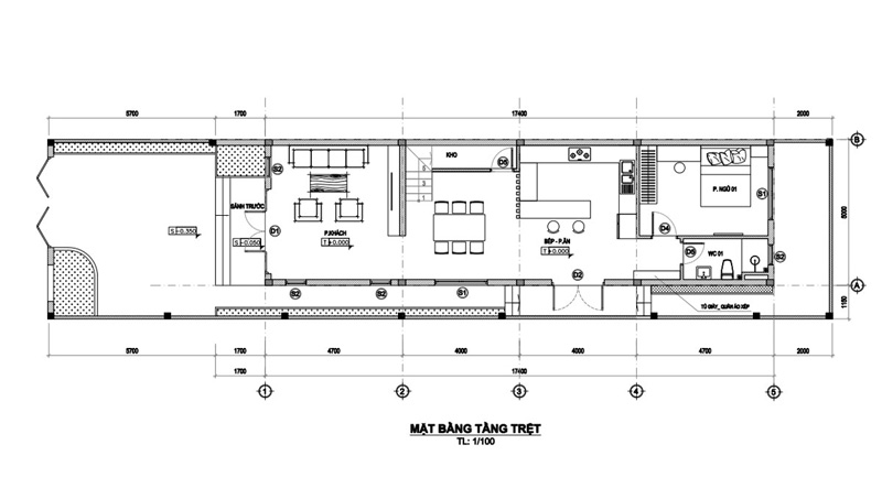 Mặt bằng công năng tầng trệt mẫu nhà 1 trệt 1 lầu 5x17