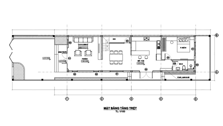 Mặt bằng tầng trệt nhà 1 trệt 1 lầu 5x17