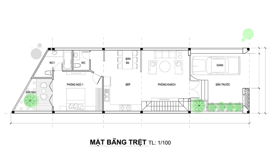 Mặt bằng tầng trệt mẫu nhà 1 trệt 1 lầu 5x20