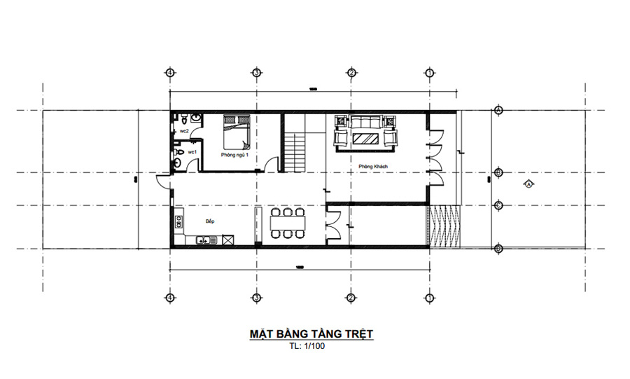 Mặt bằng tầng trệt nhà 1 trệt 1 lầu 8x15m