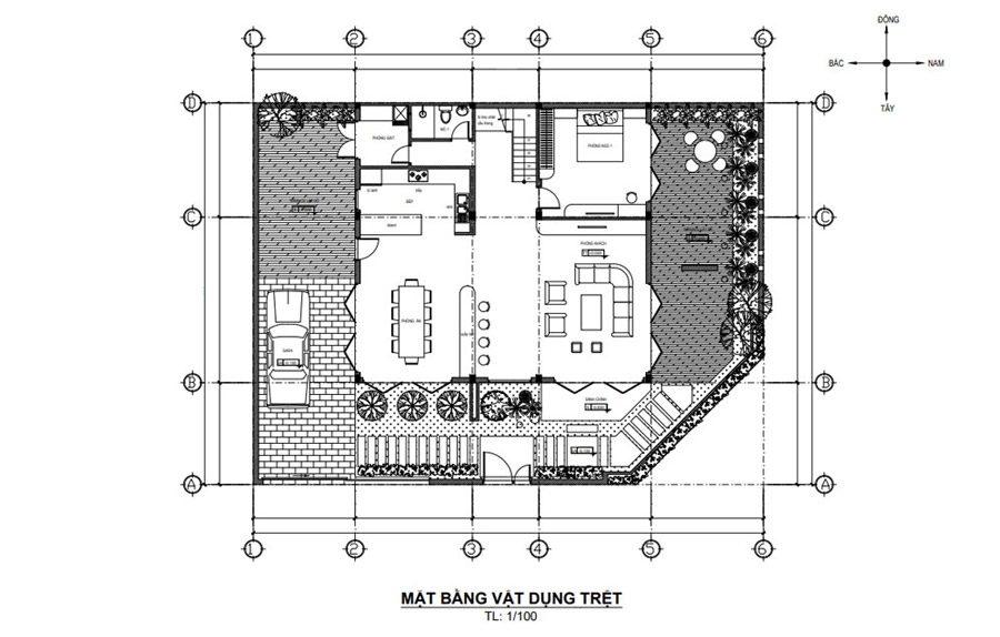 Mặt bằng tầng trệt nhà 1 trệt 1 lầu 3 phòng ngủ sân vườn