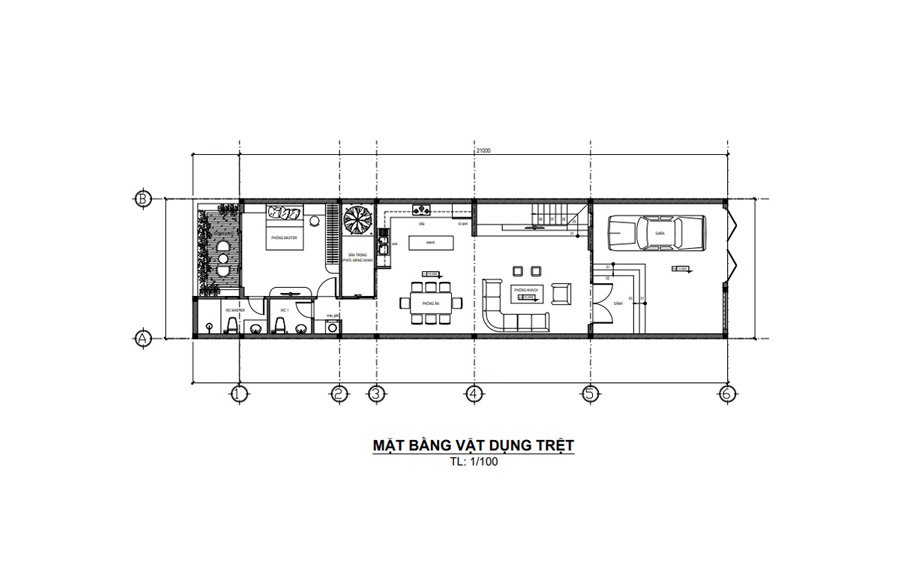 Mặt bằng tầng trệt nhà 1 trệt 1 lầu 3 phòng ngủ hiện đại
