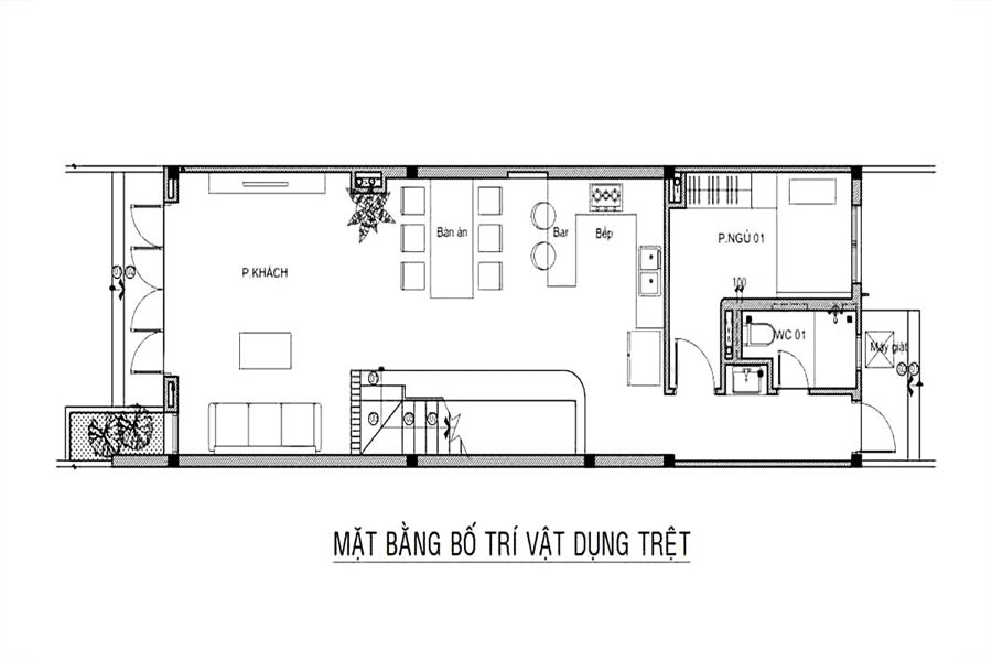 Mặt bằng tầng trệt thiết kế nhà 1 trệt 1 lầu 4x12
