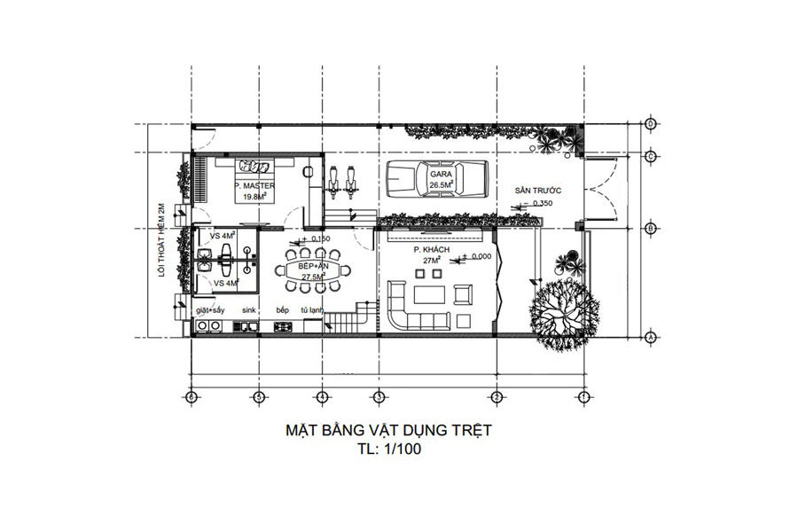 Mặt bằng công năng tầng trệt nhà 1 trệt 1 lầu mái bằng