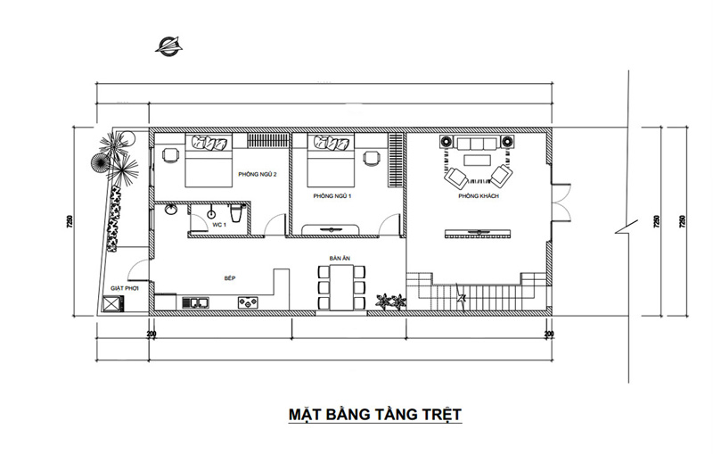 mat-bang-tang-tret-nha-pho-2-tang-7x20m-mai-bang Mặt bằng tầng trệt nhà phố 2 tầng 7x20m mái bằng