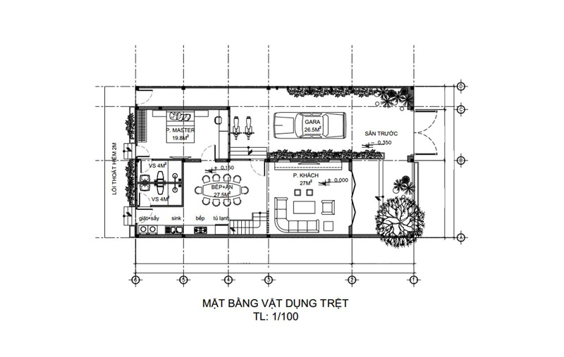 Mặt bằng tầng trệt nhà phố 2 tầng 8x10m mái bằng