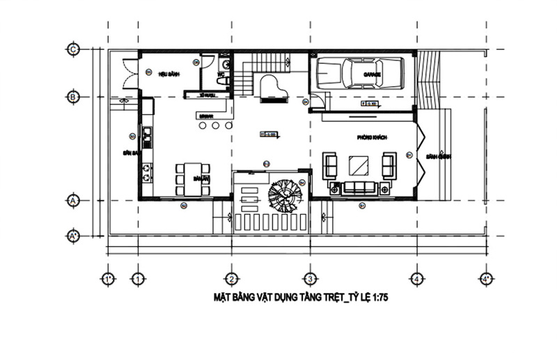 Mặt bằng công năng tầng trệt nhà phố 2 tầng 9x20m
