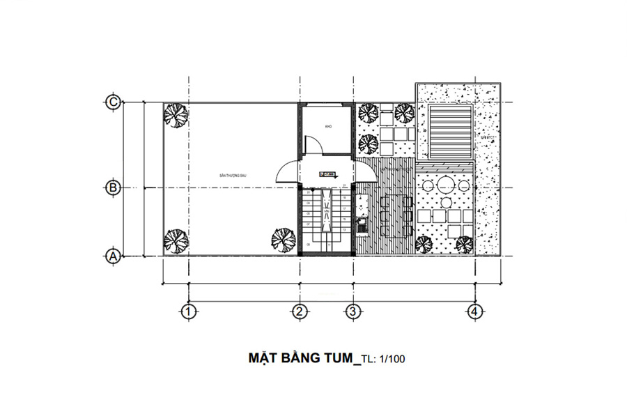 Mặt bằng tầng tum nhà 1 trệt 1 lầu 7x12