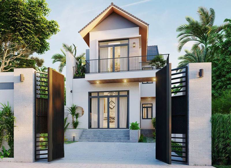 Thiết kế nhà 1 trệt 1 lầu 5x15 kết hợp sân vườn