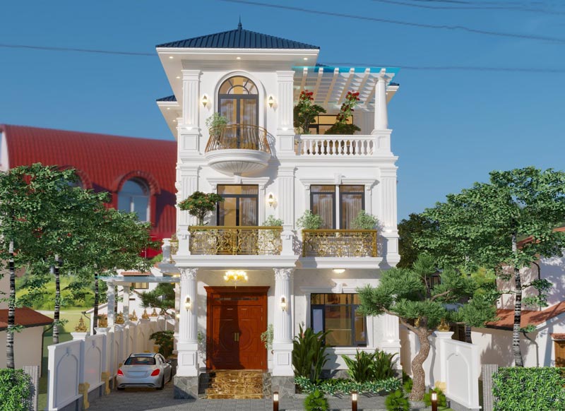 Mẫu nhà 1 trệt 2 lầu mái ngói