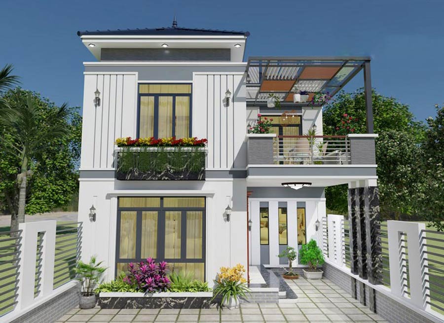 Mẫu nhà 1 trệt 1 lầu mái Thái chữ L