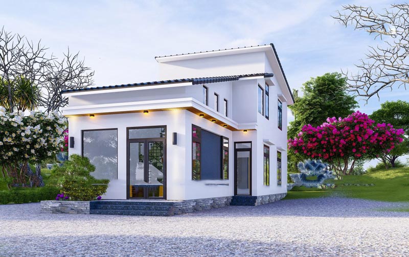 Bản vẽ nhà cấp 4 chữ l 3 phòng ngủ có gác lửng