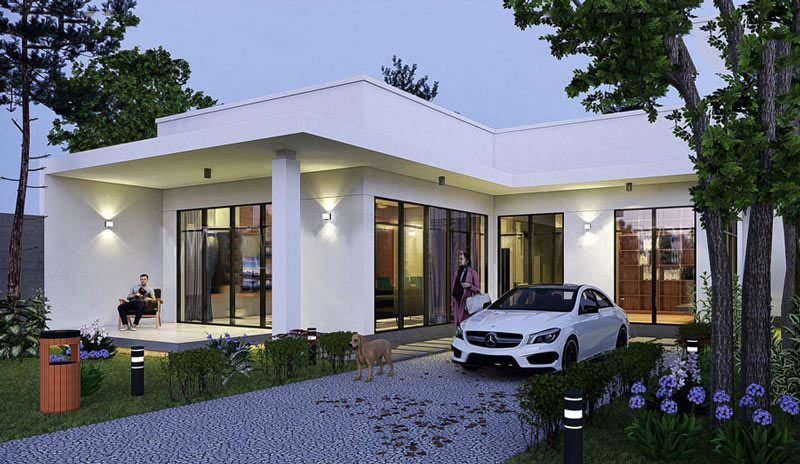 Mẫu nhà cấp 4 chữ l 3 phòng ngủ mái bằng