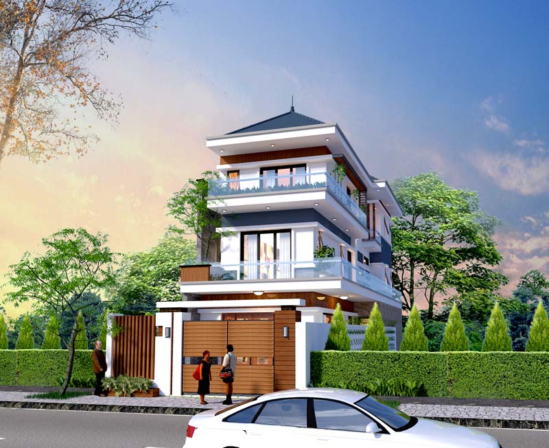 Mẫu nhà mái ngói hiện đại 3 tầng