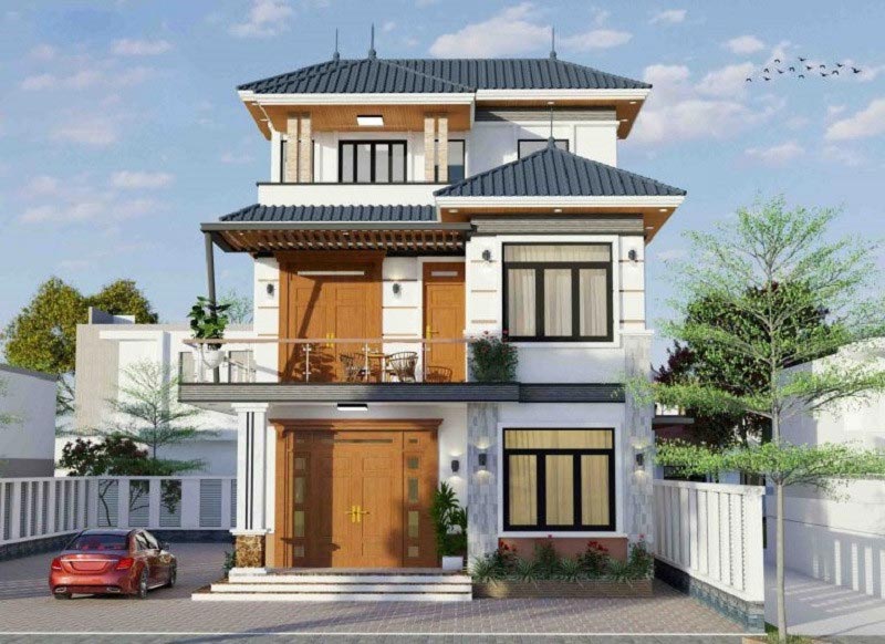 Mẫu nhà 3 tầng mái ngói có sân vườn
