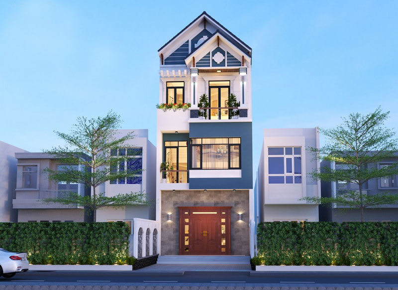 Mẫu nhà 3 tầng mái ngói có sân vườn