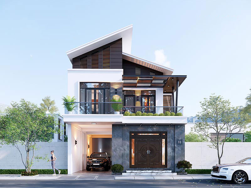 Mẫu thiết kế nhà 2 tầng 70m2 mái lệch