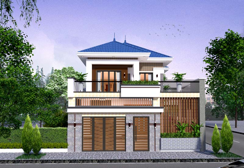 Mẫu nhà phố 2 tầng 8x15 mái thái