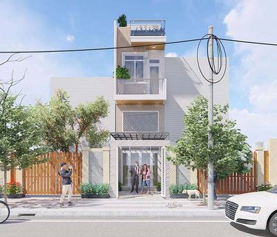 Thiết kế phối cảnh mặt tiền nhà 2 tầng có gác lửng