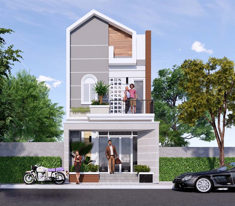 Thiết kế phối cảnh mặt tiền nhà 2 tầng có gác lửng