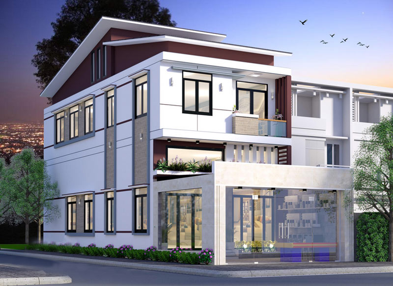 Thiết kế phối cảnh mặt tiền nhà 2 tầng có gác lửng