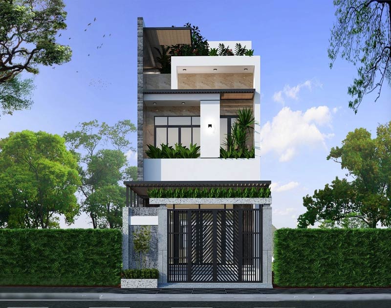 Phối cảnh mặt tiền nhà phố 5m 2 tầng 1 tum