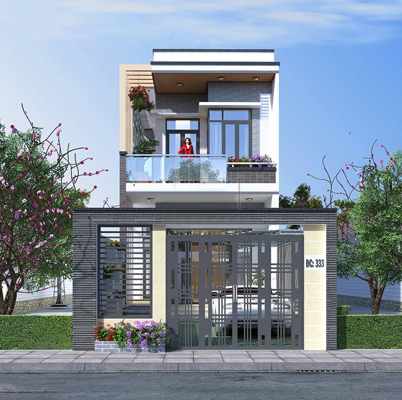 Phối cảnh mặt tiền nhà phố 5m 2 tầng kết hợp sân vườn