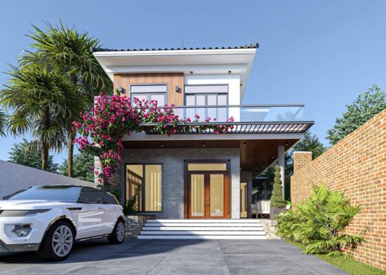 TOP 15+ mẫu nhà phố mặt tiền 8m 2 tầng đẹp hiện đại 2024 2 Phối cảnh mặt tiền nhà phố 5m 2 tầng kết hợp sân vườn