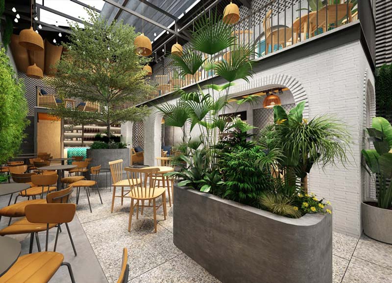 thiet-ke-quan-tra-sua-2-tang-san-vuon-2 Trang trí quán trà sữa 2 tầng kết hợp sân vườn