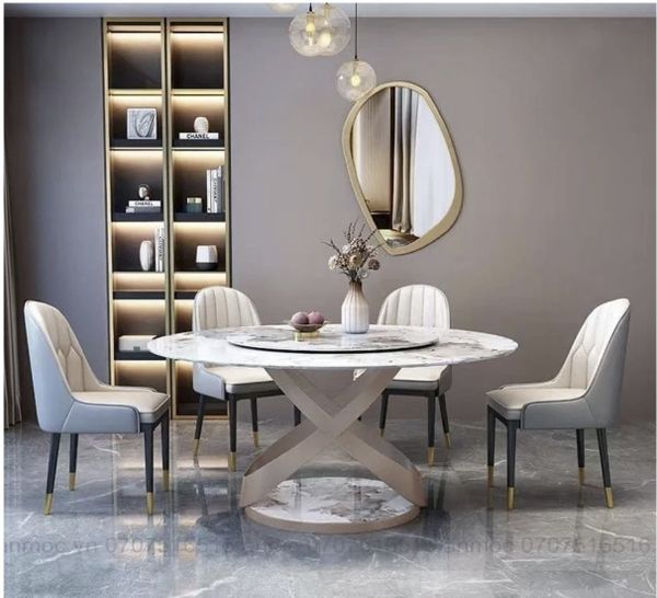 Bàn ăn thông minh xoay tròn chân chữ X mạ vàng