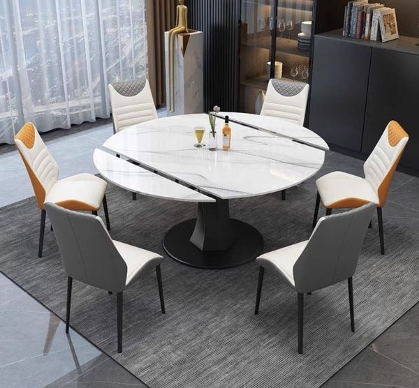 Mẫu bàn ăn thông minh tròn, mặt đá sáng bóng dùng với lượng người ngồi lớn