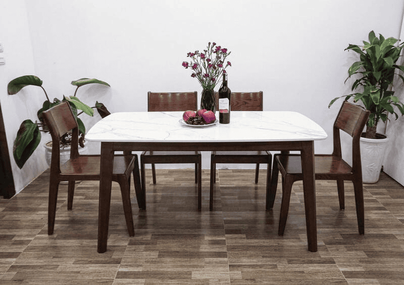 bộ bàn ăn mặt đá hình chữ nhật