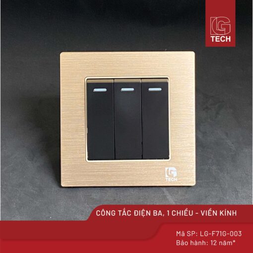 Công tắc điện ba 1 chiều, chuẩn vuông, viền vàng nhân đen LG Tech mã LG-F71G-003 1